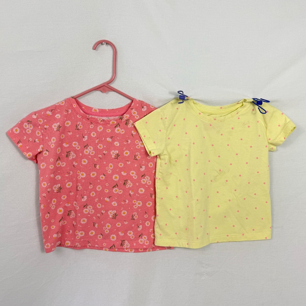 Cat & Jack Girls Printed T-shirts Size XS (4/5) Pink Floral -Yellow Polka Dots